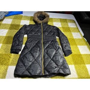 Southpole Womens Black Quilted Puffer Coat Faux Fur Hood Cinched Waist Medium
